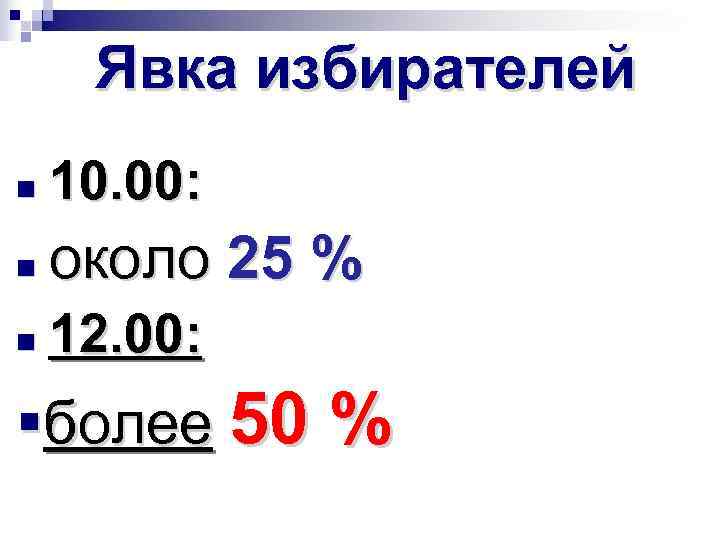 Явка избирателей 10. 00: около 25 % 12. 00: более 50 % 