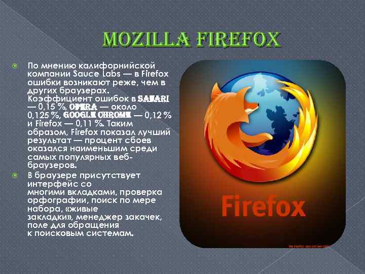 mozilla firefox По мнению калифорнийской компании Sauce Labs — в Firefox ошибки возникают реже,