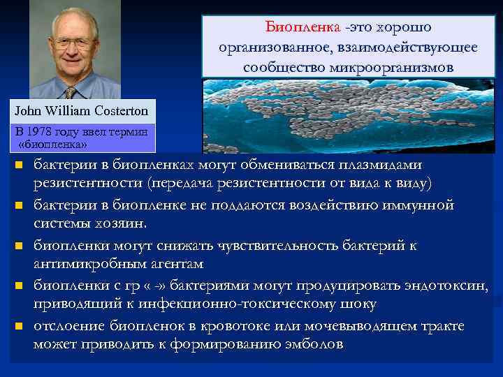 Биопленка -это хорошо организованное, взаимодействующее сообщество микроорганизмов John William Сosterton В 1978 году ввел