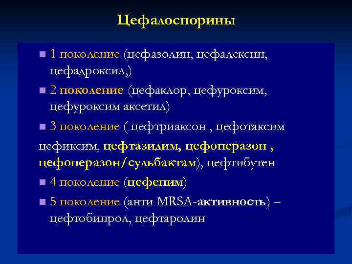 Цефалоспорины 1 поколение (цефазолин, цефалексин, цефадроксил, ) n 2 поколение (цефаклор, цефуроксим аксетил) n