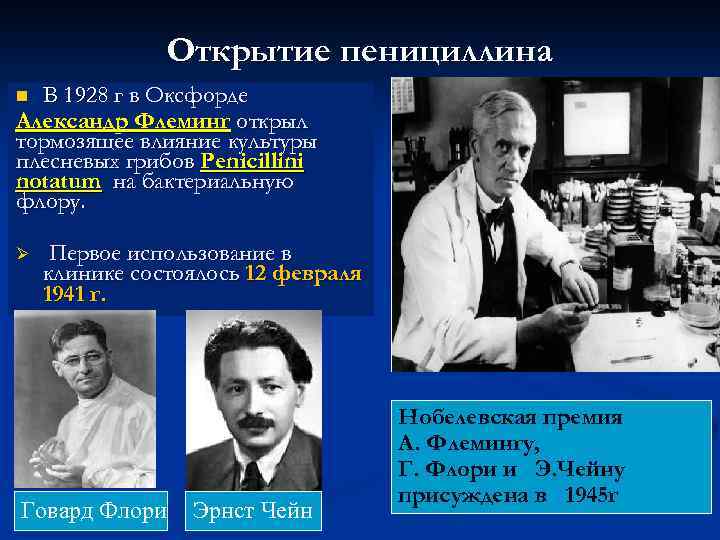 Открытие пенициллина В 1928 г в Оксфорде Александр Флеминг открыл тормозящее влияние культуры плесневых
