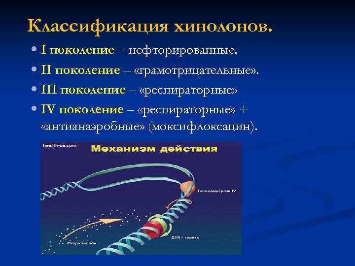 Классификация хинолонов. I поколение – нефторированные. II поколение – «грамотрицательные» . III поколение –