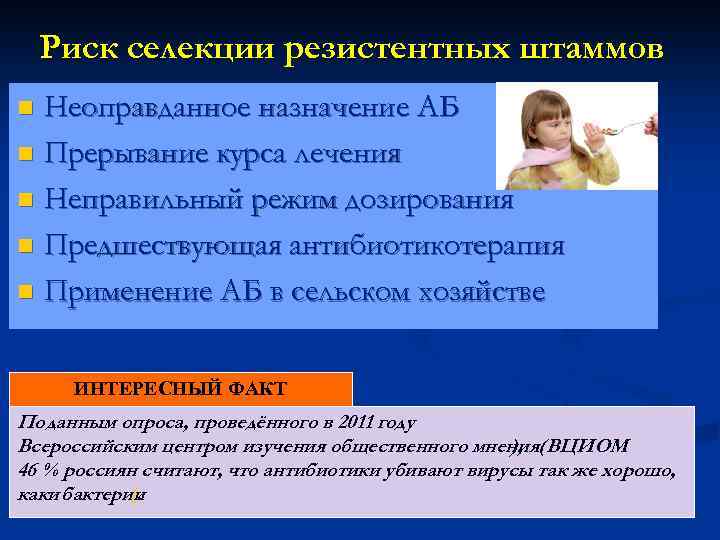 Риск селекции резистентных штаммов Неоправданное назначение АБ n Прерывание курса лечения n Неправильный режим
