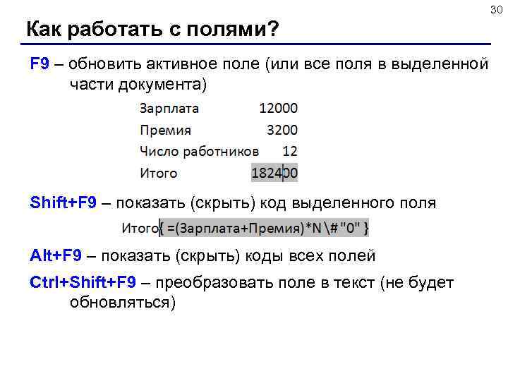 30 Как работать с полями? F 9 – обновить активное поле (или все поля