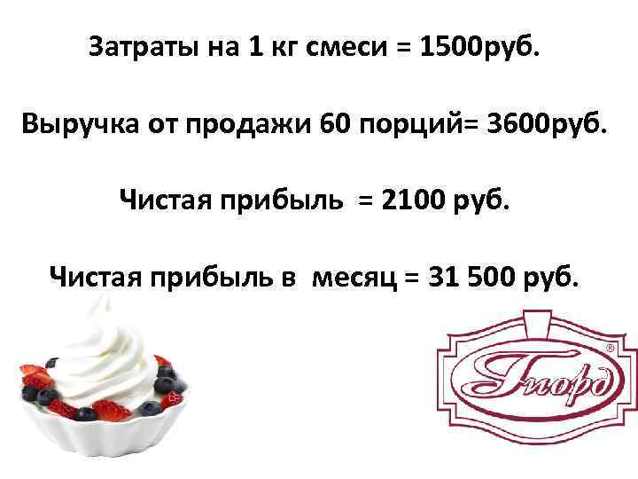 Затраты на 1 кг смеси = 1500 руб. Выручка от продажи 60 порций= 3600