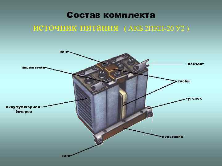Состав комплекта источник питания ( АКБ 2 НКП-20 У 2 ) винт контакт перемычка