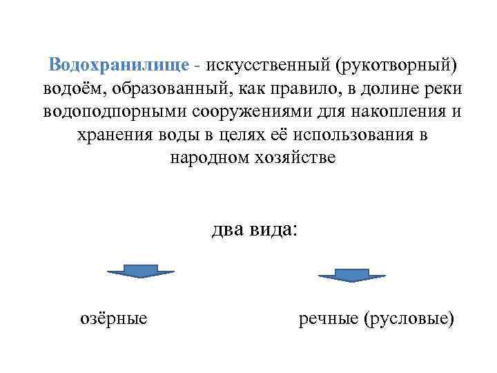 Водохранилище - искусственный (рукотворный) водоём, образованный, как правило, в долине реки водоподпорными сооружениями для