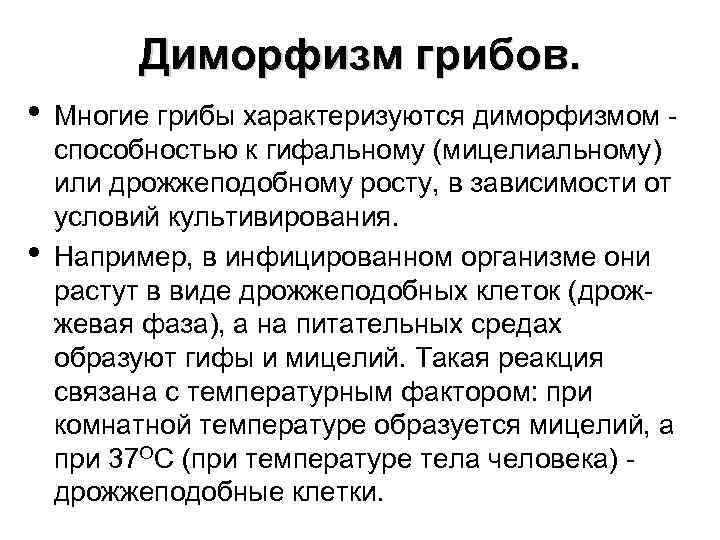 Диморфизм грибов. • • Многие грибы характеризуются диморфизмом - способностью к гифальному (мицелиальному) или