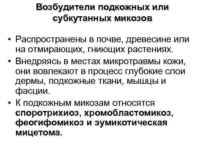 Возбудители подкожных или субкутанных микозов • Распространены в почве, древесине или на отмирающих, гниющих