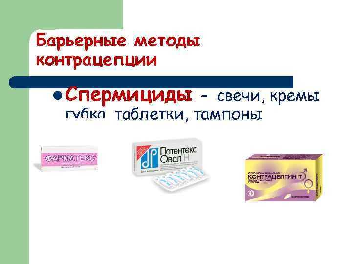 Барьерные методы контрацепции l Спермициды - свечи, кремы губка, таблетки, тампоны 