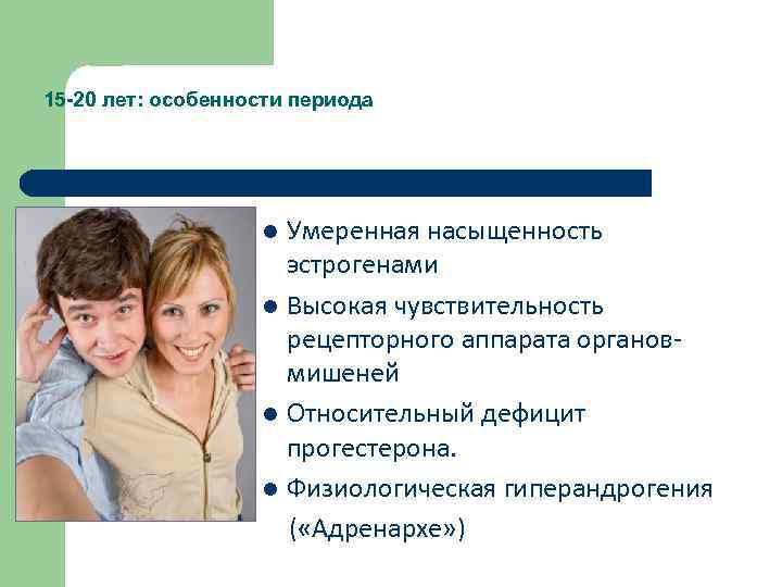 15 -20 лет: особенности периода Умеренная насыщенность эстрогенами l Высокая чувствительность рецепторного аппарата органовмишеней