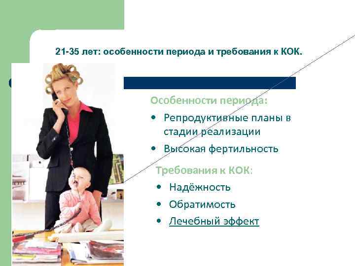 21 -35 лет: особенности периода и требования к КОК. Особенности периода: • Репродуктивные планы