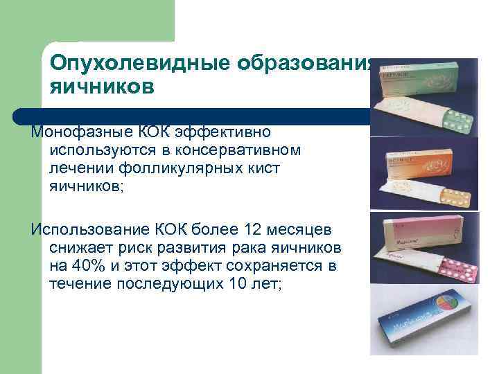 Опухолевидные образования яичников Монофазные КОК эффективно используются в консервативном лечении фолликулярных кист яичников; Использование