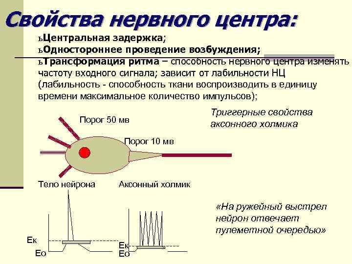 Свойства нервного центра: ь Центральная задержка; ь Одностороннее проведение возбуждения; ь Трансформация ритма –