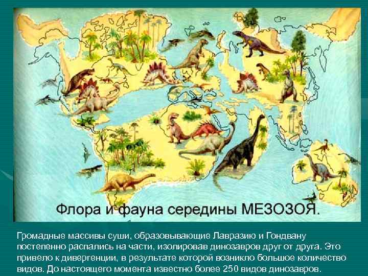 Громадные массивы суши, образовывающие Лавразию и Гондвану постепенно распались на части, изолировав динозавров друг