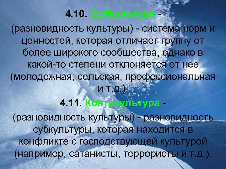 4. 10. Субкультура (разновидность культуры) - система норм и ценностей, которая отличает группу от