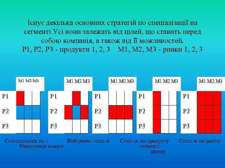 Існує декілька основних стратегій по спеціалізації на сегменті Усі вони залежать від цілей, що