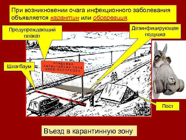 При возникновении очага инфекционного заболевания объявляется карантин или обсервация. Предупреждающий плакат Шлагбаум Дезинфицирующая подушка