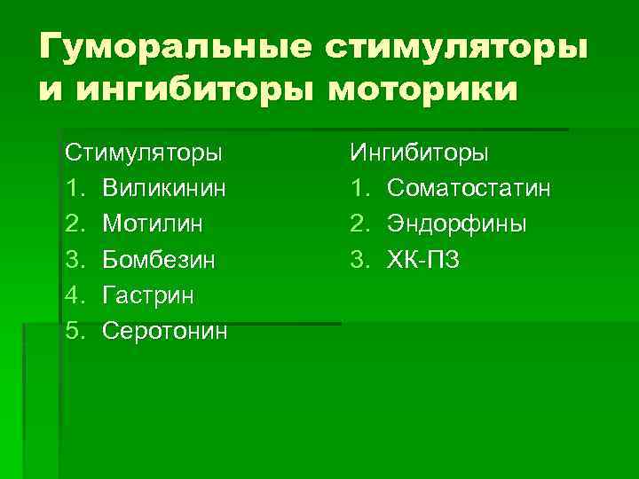 Гуморальные стимуляторы и ингибиторы моторики Стимуляторы 1. Виликинин 2. Мотилин 3. Бомбезин 4. Гастрин