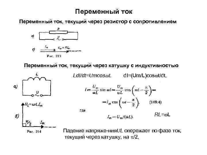 Переменный ток, текущий через резистор с сопротивлением Переменный ток, текущий через катушку с индуктивностью