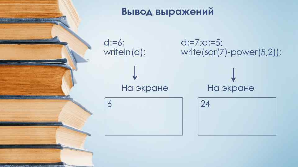 Вывод выражений d: =6; writeln(d); На экране 6 d: =7; a: =5; write(sqr(7)-power(5, 2));