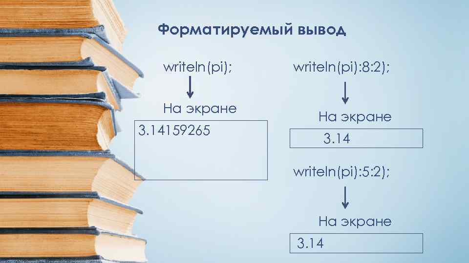 Форматируемый вывод writeln(pi); На экране 3. 14159265 writeln(pi): 8: 2); На экране 3. 14