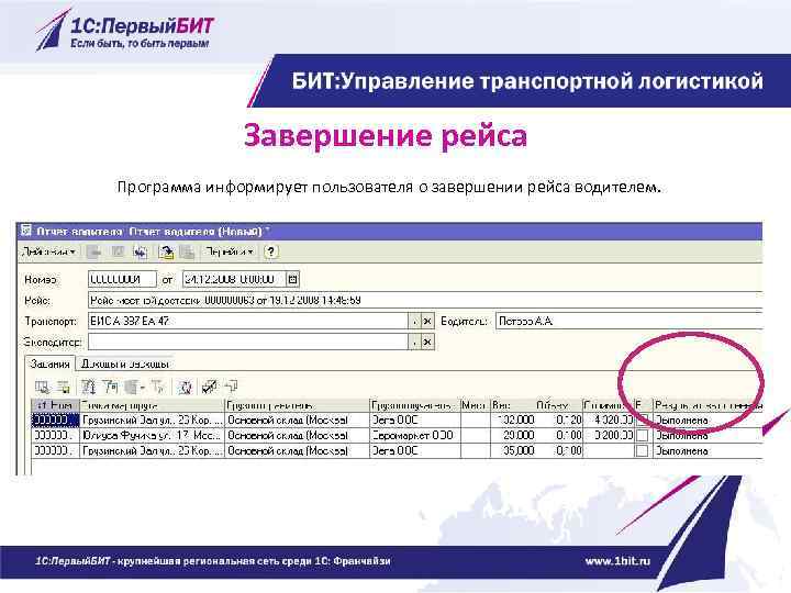 Завершение рейса Программа информирует пользователя о завершении рейса водителем. 