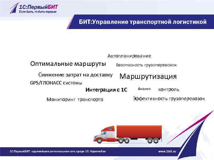 Автопланирование Оптимальные маршруты Снижение затрат на доставку GPS/ГЛОНАСС системы Безопасность грузоперевозок Маршрутизация Интеграция с