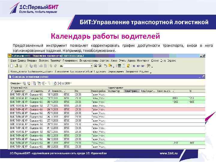 Календарь работы водителей Представленный инструмент позволяет корректировать график доступности транспорта, внося в него запланированные