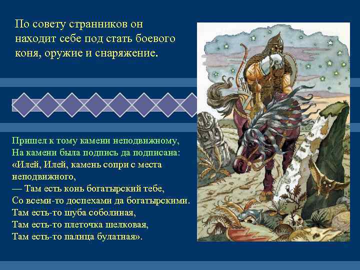 По совету странников он находит себе под стать боевого коня, оружие и снаряжение. Пришел