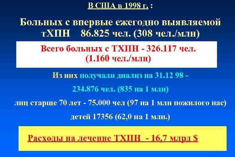 В CША в 1998 г. : Больных с впервые ежегодно выявляемой т. ХПН 86.