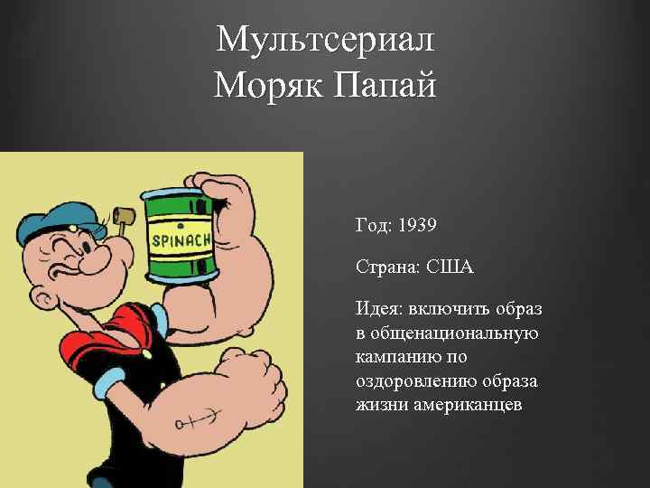 Мультсериал Моряк Папай Год: 1939 Страна: США Идея: включить образ в общенациональную кампанию по