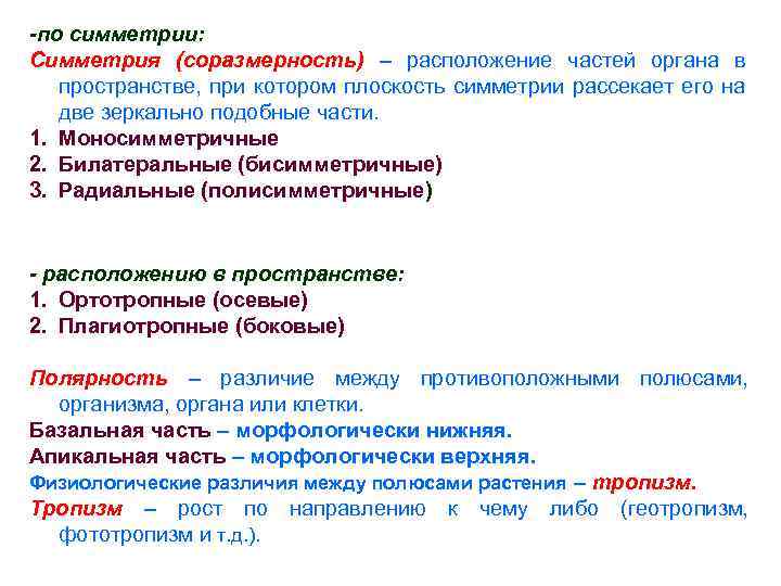 -по симметрии: Симметрия (соразмерность) – расположение частей органа в пространстве, при котором плоскость симметрии