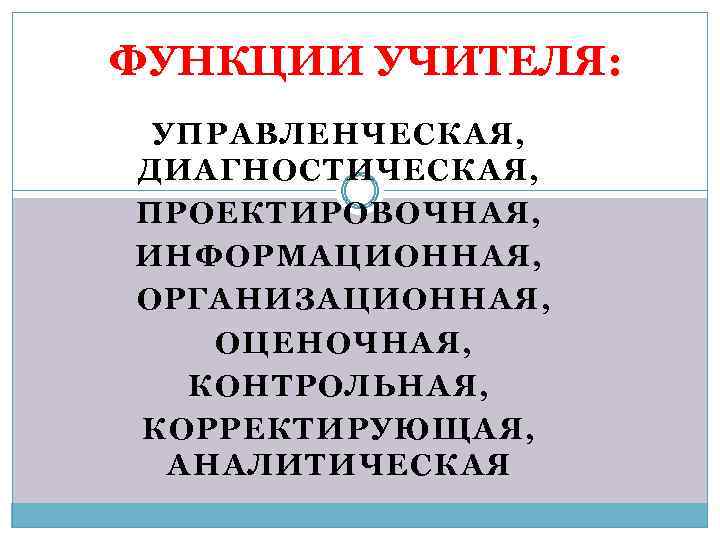ФУНКЦИИ УЧИТЕЛЯ: УПРАВЛЕНЧЕСКАЯ, ДИАГНОСТИЧЕСКАЯ, ПРОЕКТИРОВОЧНАЯ, ИНФОРМАЦИОННАЯ, ОРГАНИЗАЦИОННАЯ, ОЦЕНОЧНАЯ, КОНТРОЛЬНАЯ, КОРРЕКТИРУЮЩАЯ, АНАЛИТИЧЕСКАЯ 