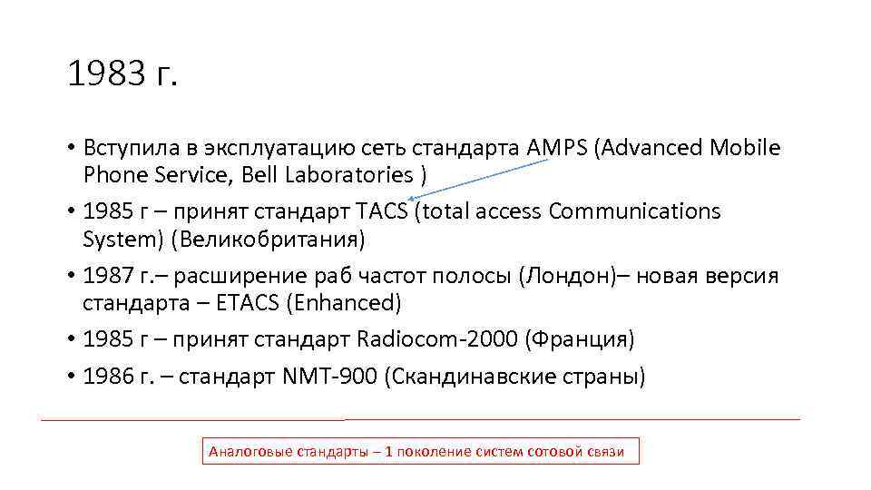 1983 г. • Вступила в эксплуатацию сеть стандарта AMPS (Advanced Mobile Phone Service, Bell