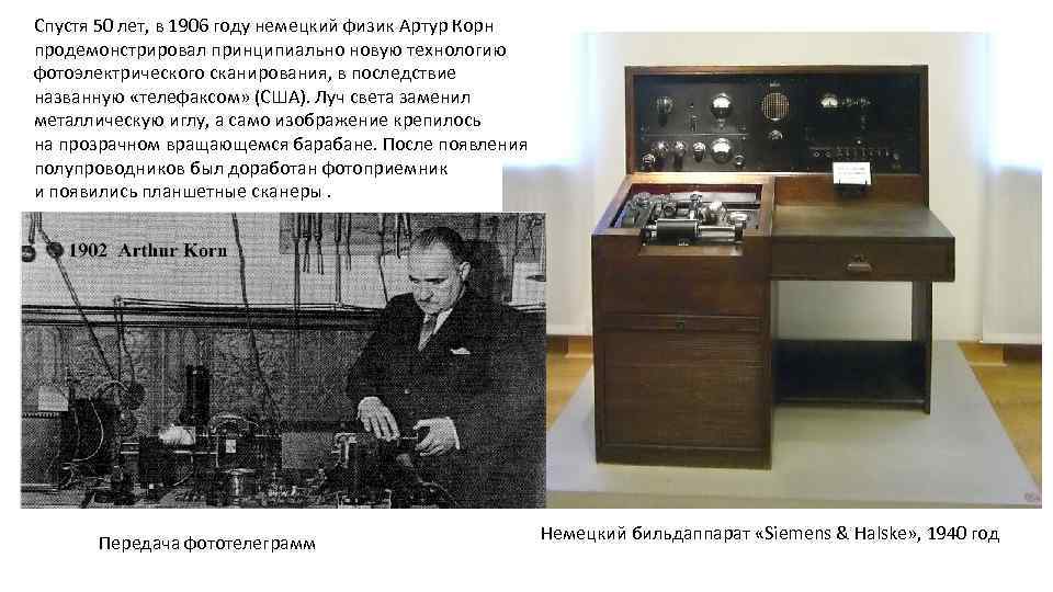 Спустя 50 лет, в 1906 году немецкий физик Артур Корн продемонстрировал принципиально новую технологию