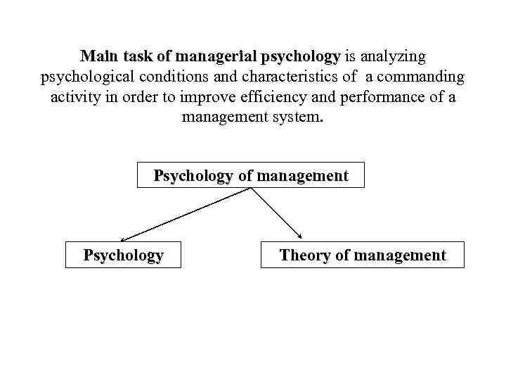 Main task of managerial psychology is analyzing managerial psychological conditions and characteristics of a