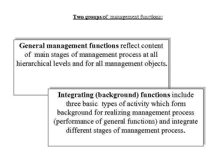 Two groups of management functions: General management functions reflect content of main stages of