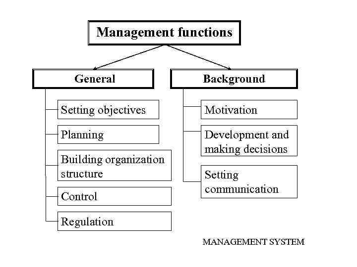 Management functions General Background Setting objectives Motivation Planning Development and making decisions Building organization