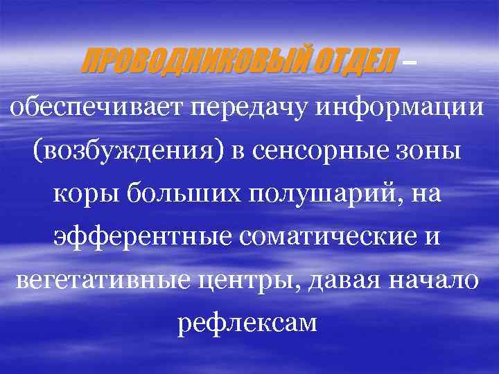 ПРОВОДНИКОВЫЙ ОТДЕЛ – обеспечивает передачу информации (возбуждения) в сенсорные зоны коры больших полушарий, на