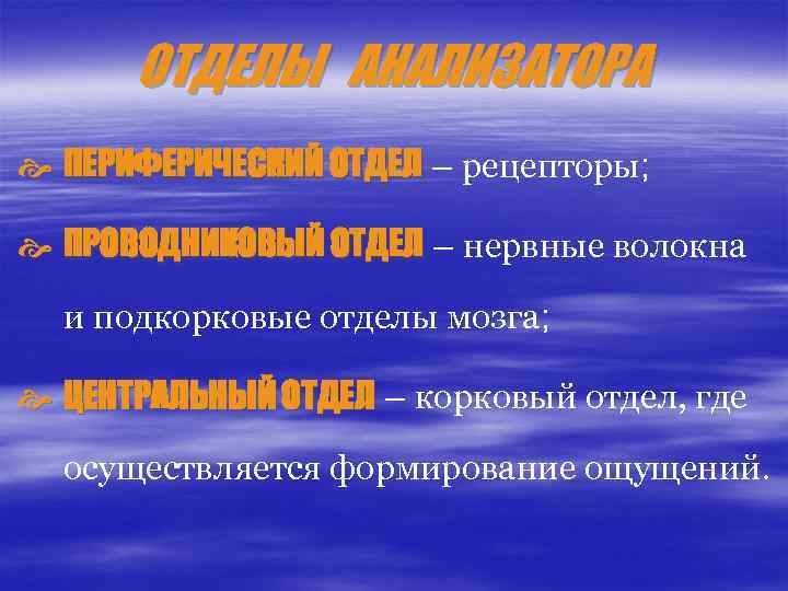 ОТДЕЛЫ АНАЛИЗАТОРА ПЕРИФЕРИЧЕСКИЙ ОТДЕЛ – рецепторы; ОТДЕЛ ПРОВОДНИКОВЫЙ ОТДЕЛ – нервные волокна ОТДЕЛ и