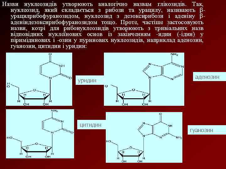 Назви нуклеозидів утворюють аналогічно назвам глікозидів. Так, нуклеозид, який складається з рибози та урацилу,