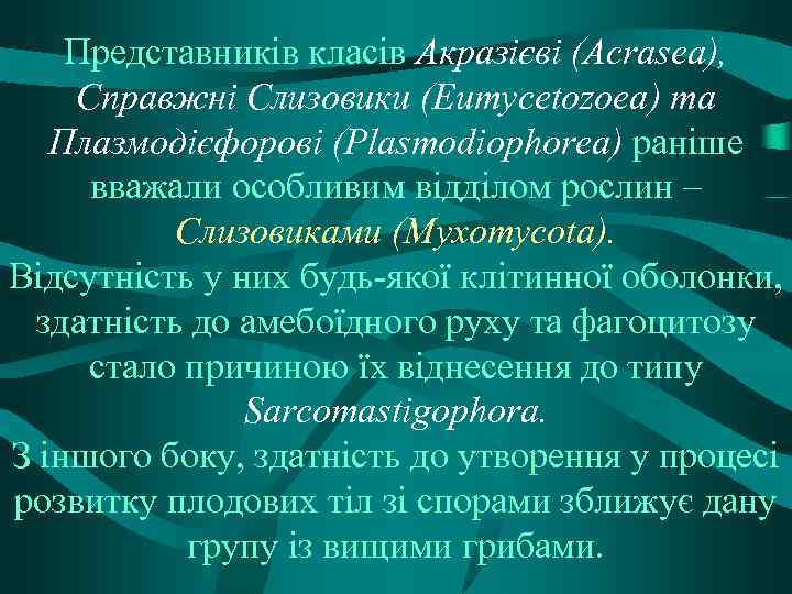 Представників класів Акразієві (Acrasea), Справжні Слизовики (Eumycetozoea) та Плазмодієфорові (Plasmodiophorea) раніше вважали особливим відділом