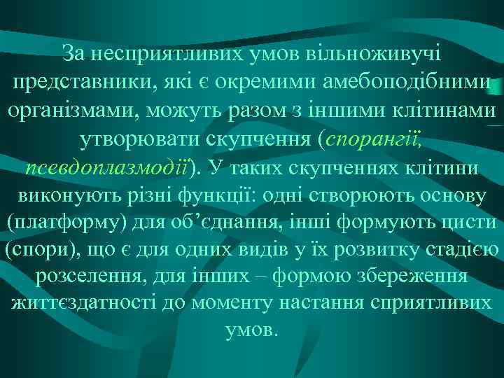 За несприятливих умов вільноживучі представники, які є окремими амебоподібними організмами, можуть разом з іншими