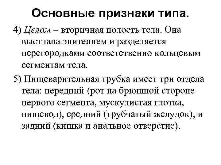 Основные признаки типа. 4) Целом – вторичная полость тела. Она выстлана эпителием и разделяется