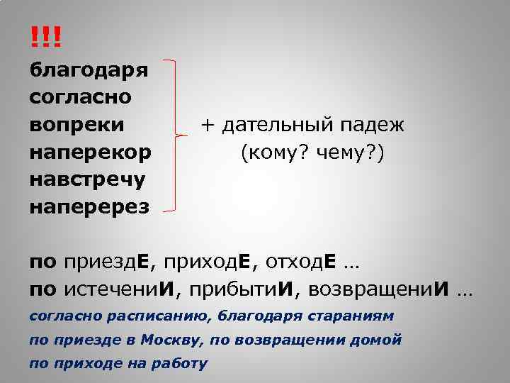 !!! благодаря согласно вопреки наперекор навстречу наперерез + дательный падеж (кому? чему? ) по