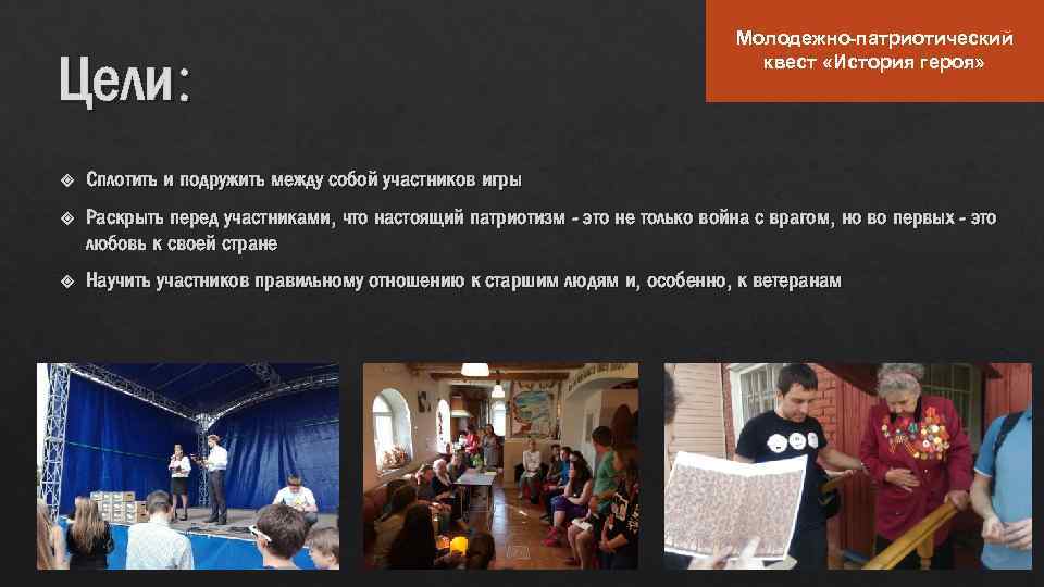 Цели: Молодежно-патриотический квест «История героя» Сплотить и подружить между собой участников игры Раскрыть перед