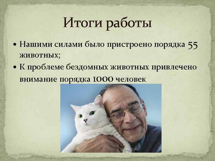 Итоги работы Нашими силами было пристроено порядка 55 животных; К проблеме бездомных животных привлечено