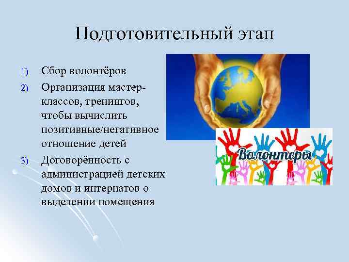 Подготовительный этап 1) 2) 3) Сбор волонтёров Организация мастерклассов, тренингов, чтобы вычислить позитивные/негативное отношение