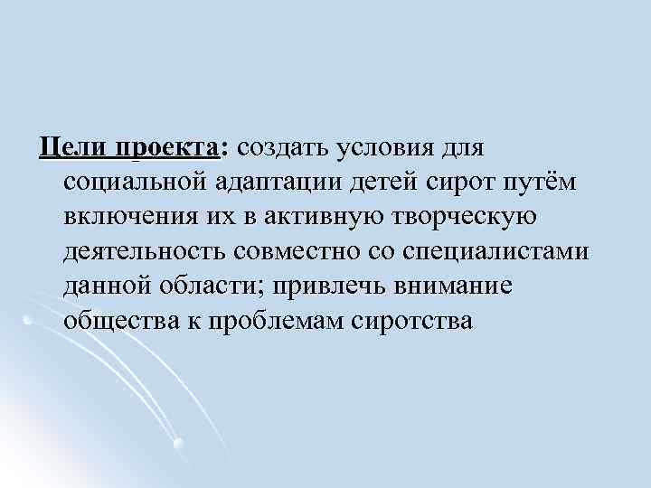 Цели проекта: создать условия для социальной адаптации детей сирот путём включения их в активную